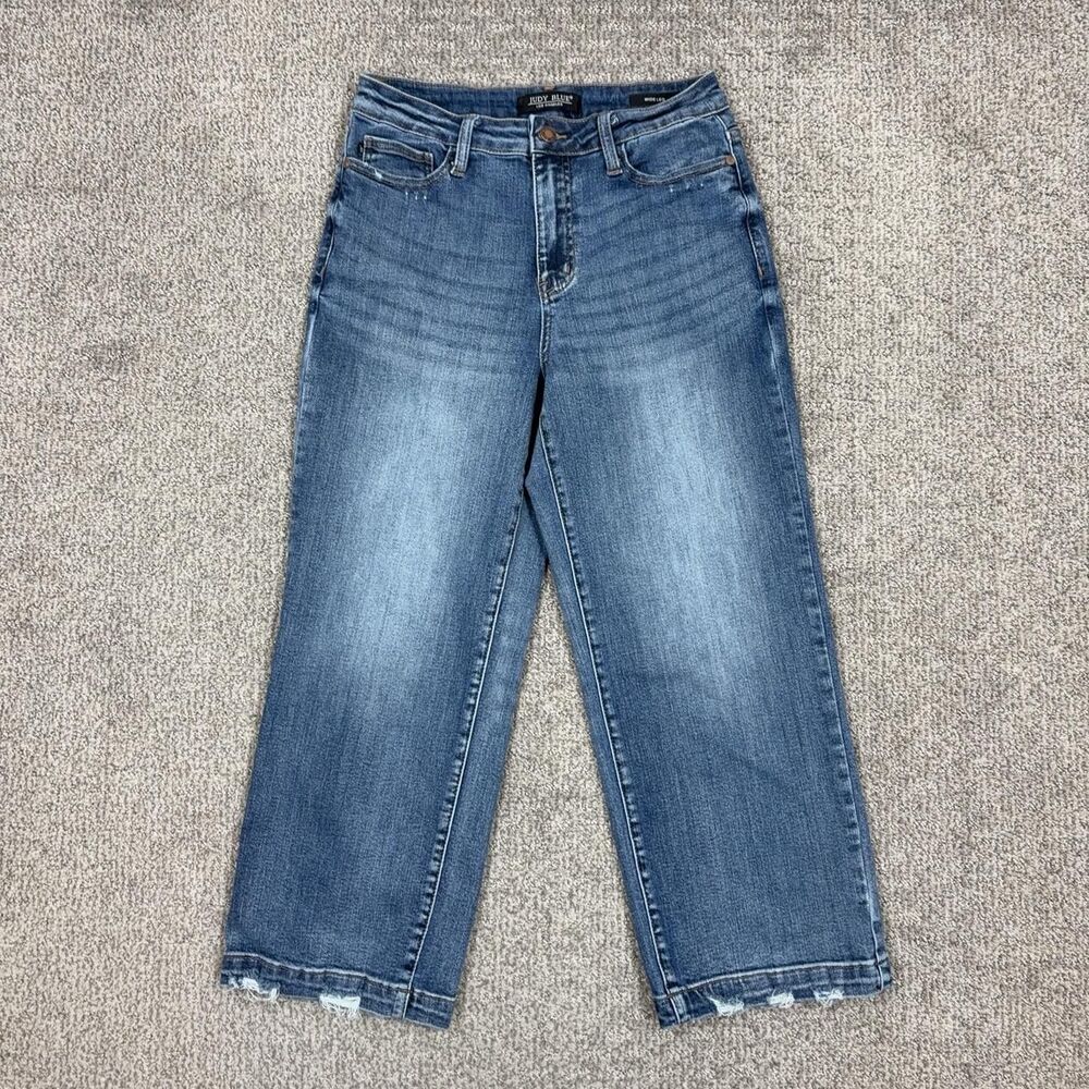 Judy Blue Jeans Womens 27 Blue Wide Leg Crop High Rise Raw Hem Stretch Denim